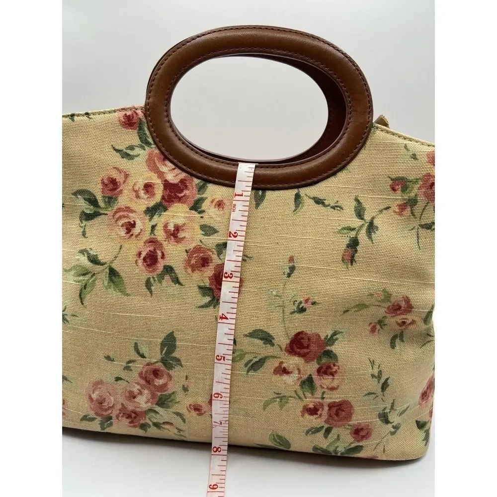 Fossil‎ Floral Canvas Top Handle Satchel Bag w/ Leather Trim & Strap